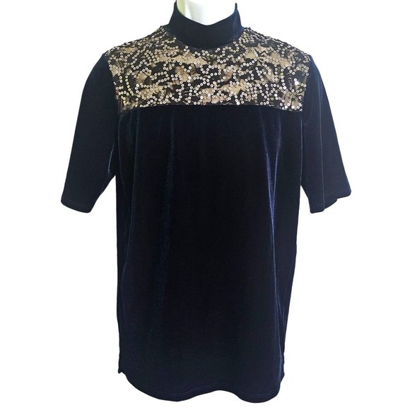 Creative Costuming Designs Adult Sequin Dance Top Blue Velvet Mock Neck Costume - Picture 1 of 8